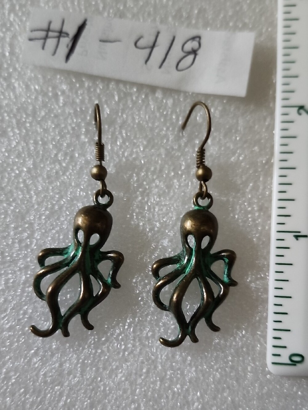 Hand Crafted Bronze Tone Octopus Earrings with Green Patina Accents - Picture 2 of 3